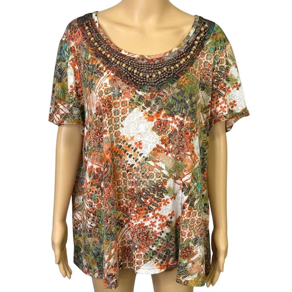 Cato Womens 26W / 28W Fall Colors Short Sleeve Stretch Wood Beads Blouse Shirt